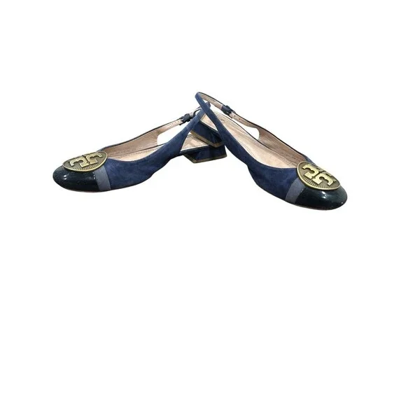 Tory Burch Alastair Slingback Heels Navy Suede Classic Logo Medallion 6M - Picture 5 of 6